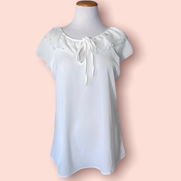 Nikita Tops - White Top with faux Pearl Accent